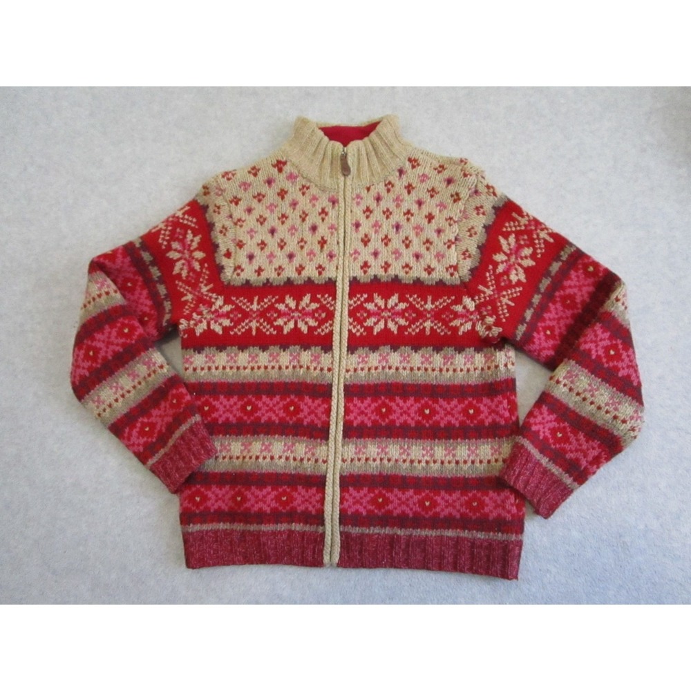 Eddie Bauer Sweater Womens Medium Red Pink Fair Isle Lambswool Full Zip Knit